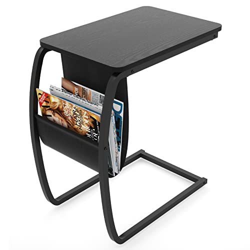 SRIWATANA Side End Tables Living Room, Vintage C-Shaped Laptop Table for Couch, Snack Table with Side Pocket, Black - color: Black
