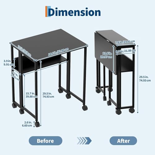 Folding Desk Small Rolling Desk with Storage Shelf,24.8 Inch Foldable Computer Table with Wheels,Portable Office Desk for Small Space Sofa Table,Easy to Fold,Writing Work Office Computer Desk,Black