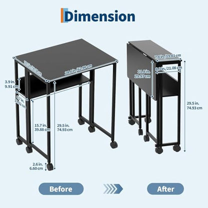 Folding Desk Small Rolling Desk with Storage Shelf,24.8 Inch Foldable Computer Table with Wheels,Portable Office Desk for Small Space Sofa Table,Easy to Fold,Writing Work Office Computer Desk,Black