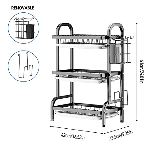 Goldmeet 3 Tier Dish Drying Rack, Large Stainless Steel Over The Sink Dish with Drain Tray, Kitchen Dishes Drying Racks, Dish Racks for Kitchen Counter Storage (Black)