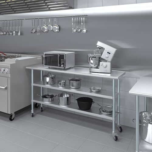 AmGood Stainless Steel Work Table with 2 Shelves and Casters | Metal Utility Table On Wheels (Stainless Steel Work Table with 2 Shelves + Casters, 72" Long x 18" Deep) - size: 72" Long x 18" Deep