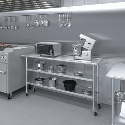AmGood Stainless Steel Work Table with 2 Shelves and Casters | Metal Utility Table On Wheels (Stainless Steel Work Table with 2 Shelves + Casters, 72" Long x 18" Deep) - size: 72" Long x 18" Deep