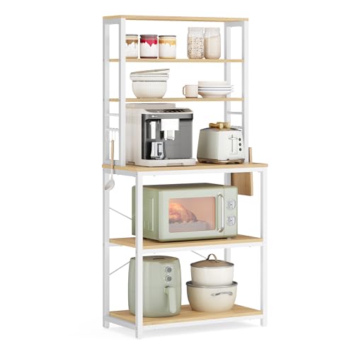 VASAGLE Coffee Bar, 23.6 Inches Baker's Rack for Kitchen with Storage, 6-Tier Kitchen Shelves with 6 Hooks, Microwave Stand, Modern, Golden Oak and Cloud White UKKS024W09 - color: Golden Oak + Cloud White, size: 23.6"W, style: No Power Outlet