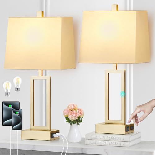 Rinweey 23.5" Touch Control Table Lamps Set of 2, Modern Gold Bedside Lamps with USB A+C Ports & AC Outlet, 3 Way Dimmable Contemporary Nightstand Lamps for Bedroom Living Room(2 LED Bulb Included) - color: Gold