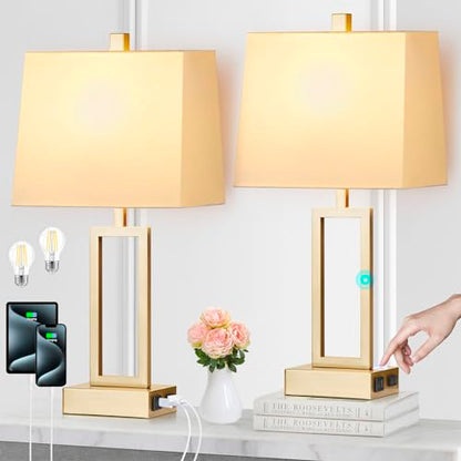 Rinweey 23.5" Touch Control Table Lamps Set of 2, Modern Gold Bedside Lamps with USB A+C Ports & AC Outlet, 3 Way Dimmable Contemporary Nightstand Lamps for Bedroom Living Room(2 LED Bulb Included) - color: Gold