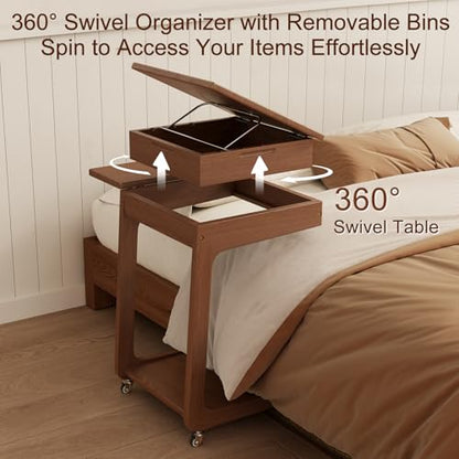 Solid Wood C Shaped End Table for Couch,Walnut C Table with Wheels,Rolling Side Table with Storage,Couch Desk with Adjustable Desktop,Rolling Tv Tray with Folding Shelf,Modern Couch Table - color: Walnut