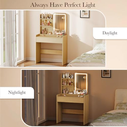 Memobarco Small Vanity Desk with Mirror and Lights, Makeup Vanity with Drawer & Storage Shelves, Vanity Desk with 3 Lighting Modes & Adjustable Brightness, Dressing Table for Women Girls Bedroom, Wood - color: Wood