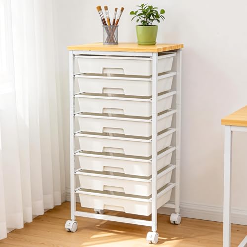8 Drawer Rolling Storage Cart with Wooden Tabletop & Lockable Wheels | Utility, Movable Craft Storage Organizer, for Living Room Bedroom, Classroom, Office, White