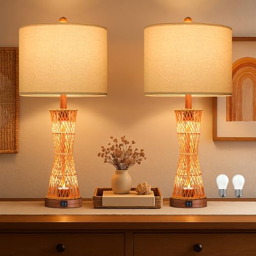 OYEARS 27" Table Lamps Set of 2 with Rattan & Dual Lights, Boho Lamps for Nightstands, Bedside Lamps for Bedroom, Nightstand Lamp for Living Room, Farmhouse Table Lamp for Office & Study - color: Farmhouse Brown