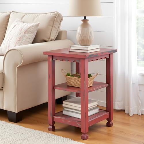 Alaterre Furniture Country Cottage Rustic Farmhouse Nightstand – 3-Tier Narrow End Table with Weathered Faded Finish, Carved Edges, & Turned Legs (Distressed Antique Red)