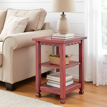 Alaterre Furniture Country Cottage Rustic Farmhouse Nightstand – 3-Tier Narrow End Table with Weathered Faded Finish, Carved Edges, & Turned Legs (Distressed Antique Red)
