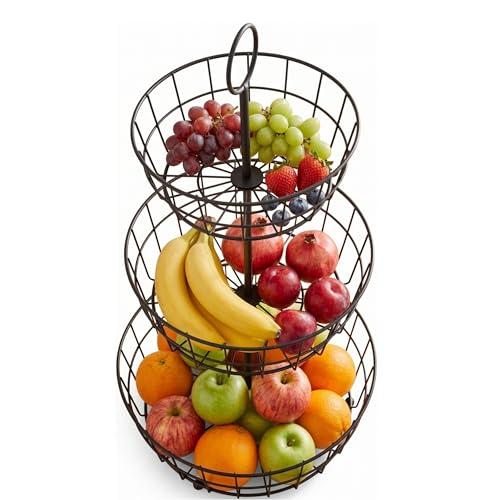HANZE 3-Tier Wire Fruit Basket Bowl, Detachable Vegetable Bread Basket Display Storage Stand, Design for Kitchen, Bathroom Organization, Brown - color: 3-Tier(Brown)