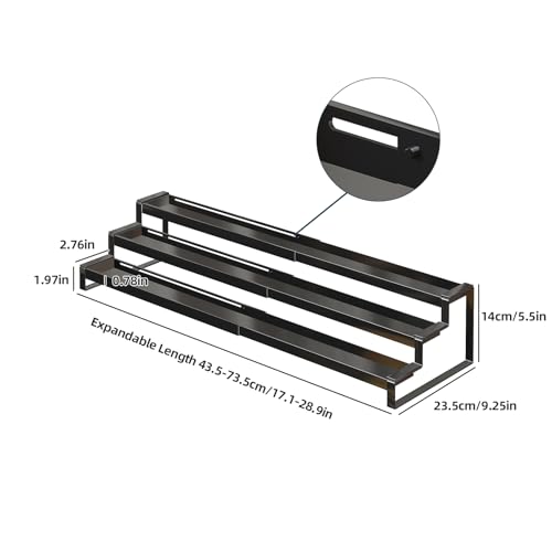 3 Tier Expandable Spice Rack Organizer, Heavy-Duty Black Metal Seasoning Organization Shelf for Cabinet, Kitchen & Pantry, Tiered Spice Shelf With Safety Lock, For Jars & Bottles, Countertop Storage