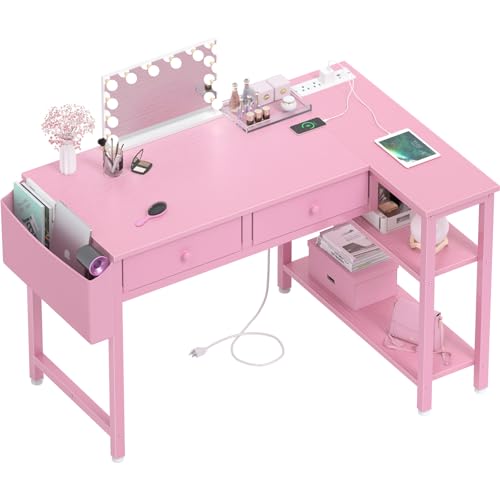 DLisiting Pink Reversible L Shaped Desk with Drawers and Shelves, Small Kids Study Vanity PC Computer Desk with Storage for Girls, Corner L-Shaped Desks for Small Space Bedroom - color: Pink, size: 39.4''