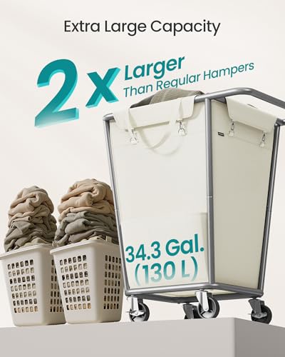SONGMICS Laundry Basket with Wheels, 34.3 Gallons (130 L) Rolling Laundry Hamper with Removable Bag, Heavy-Duty Steel Frame, Cream White URLS008W01 - color: Cream White, size: 130 L (1-Section)