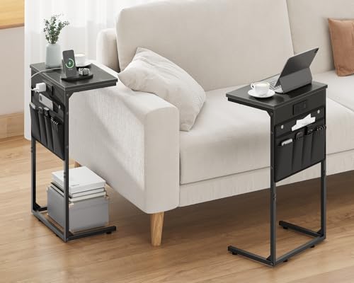 C Shaped End Table with Charging Station, 28" Tall Couch Side Table, Sofa Table Beside Table, Slide Under Sofa Arm C Table for Small Spaces, TV Tray Table for Living Room, Bedroom, Black - color: Black