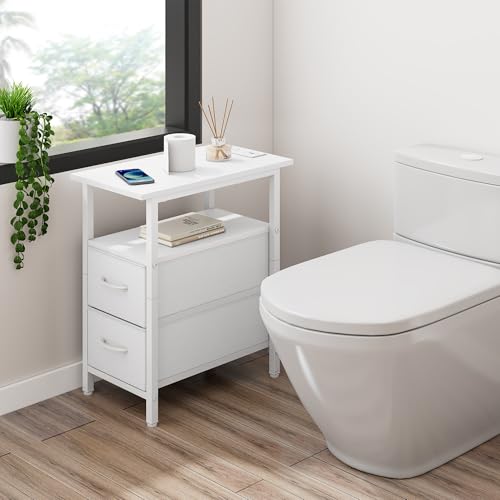 Vagusicc Set of 2 White Nightstand with Charging Station and LED Lights, Narrow Side Table, LED Night Stand with 2 Fabric Drawers, Bedside Table Small End Table, Tall Nightstand for Bedroom, White - color: White, size: 2, style: With LEDs