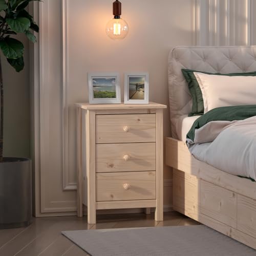 From the Tree Furniture Tall Nightstand with 3 Drawers - Solid Pine Wood Bedside Table with Spacious Storage & Easy Assembly - Elegant Unfinished Side Table for Modern Bedroom Decor - color: Unfinished