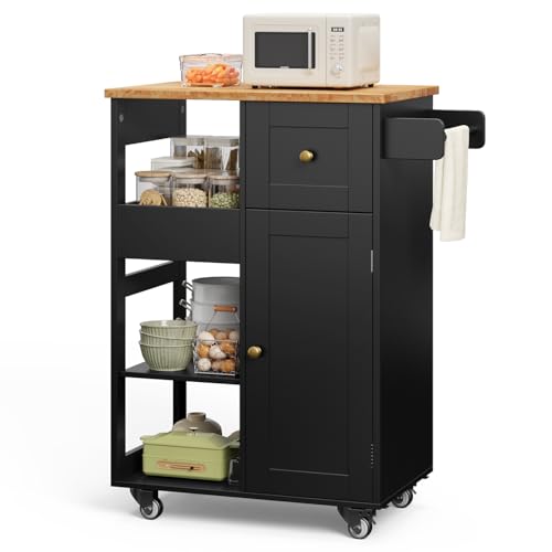 Gizoon Kitchen Island Cart on Wheels, with Thickened Wooden Countertop, Rolling Serving Utility Cart with Drawers and Doors, Bar Cart with Adjustable Shelf and Removable Tray for Dining Room, Black - color: Black & Tabletop-oak Color