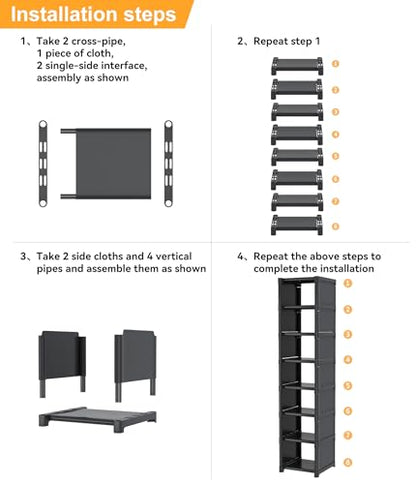 Narrow Shoe Rack 8 Tier, Slim Vertical Shoe Organizer for Small Spaces, Stackable Shoe Storage Shelf with Metal Frame & Fabric Shelves, Shoe Rack for Closet Entryway Bedroom