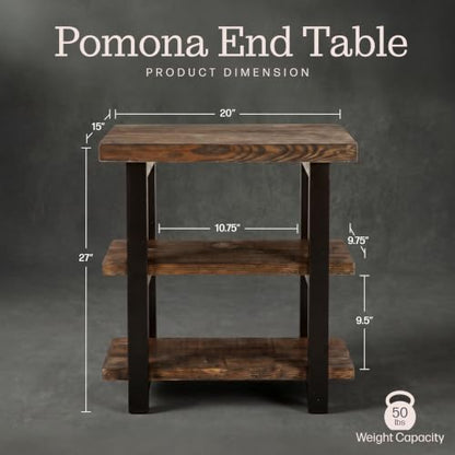 Alaterre Furniture Pomona Solid Wood 3-Tier End Table, Rustic Brown, 20” | Small Side Table or Nightstand with Storage Shelf and Metal Legs, Rustic Farmhouse Chair Side Table for Living Room & Bedroom - color: Rustic Brown