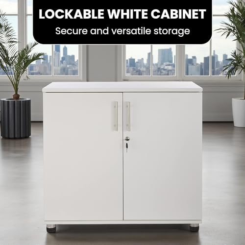 MMT Storage Cupboard, Storage Cabinet, File Cabinet for Office Documents, Garage Tools, Utility, White Wood, Lockable, 31.5" Long