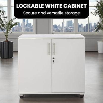 MMT Storage Cupboard, Storage Cabinet, File Cabinet for Office Documents, Garage Tools, Utility, White Wood, Lockable, 31.5" Long