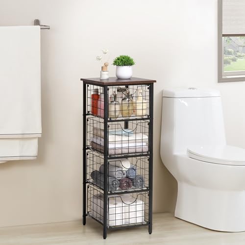 DINGTAI 5-Tier FreeStanding Storage Shelves with 4 Pull-Out Baskets,Bathroom Organizer Shelves Unit with WoodTop,Fruit Basket for Kitchen,Storage Tower Organizer Basket Cart for Bathroom，Black