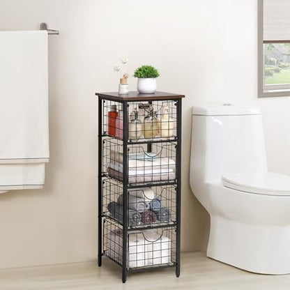 DINGTAI 5-Tier FreeStanding Storage Shelves with 4 Pull-Out Baskets,Bathroom Organizer Shelves Unit with WoodTop,Fruit Basket for Kitchen,Storage Tower Organizer Basket Cart for Bathroom，Black