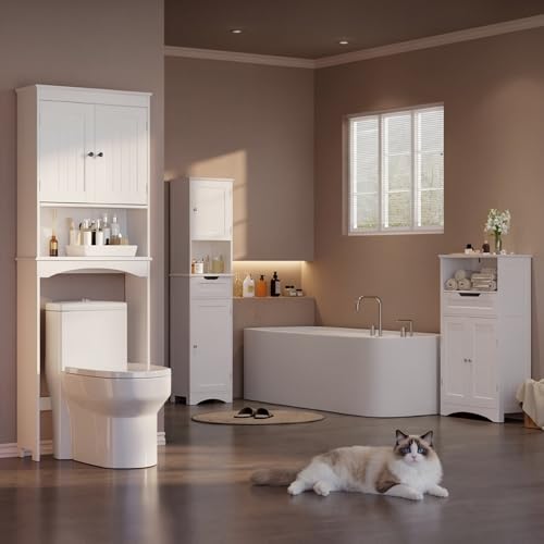 Gizoon Over the Toilet Storage Cabinet with Adjustable Shelf, White | Bathroom Space Saver Organizer Above Toilet with Open Shelf and Double Doors, Taller Wooden Free Standing Toilet Rack - color: White