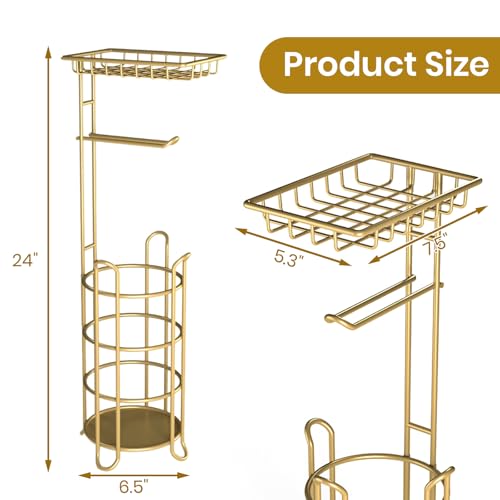 Gold Toilet Paper Holder Stand with Shelf, Freestanding Tissue Roll Holder, Holds 4 Mega Rolls and Extra Storage for Phone, Wipes - color: F-gold