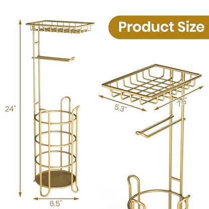 Gold Toilet Paper Holder Stand with Shelf, Freestanding Tissue Roll Holder, Holds 4 Mega Rolls and Extra Storage for Phone, Wipes - color: F-gold