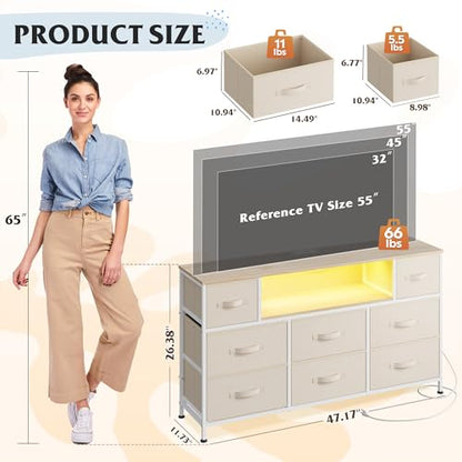 WLIVE Dresser TV Stand for 45, 50, 55 inch TV, Entertainment Center with LED Lights & Charging Station, Chest of Drawers with 8 Fabric Drawers and Open Shelves for Living Room, Hallway, Cream White - color: Cream White