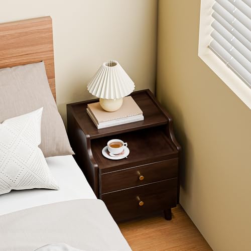 Nightstand Set of 2, Pre-Assembled, 19.7“H Solid Wood Night Stand with 2 Drawers, Open Sliding Shelf, Mid Century Modern Small Bedside Table for Bedroom, Black Walnut 16" - color: Black Walnut-2pack, size: 16"