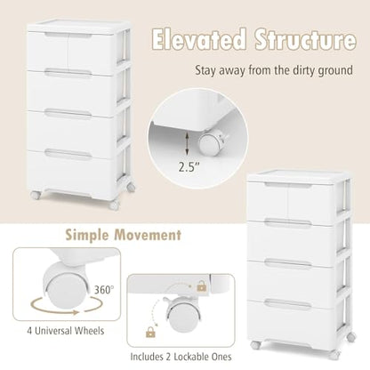 Plastic Storage Drawer Cart, Mobile Utility Cart, Home Craft Organizer with 5 Drawers & Lockable Wheels, Slim Rolling Storage Cart for Living Room, Bathroom, Dorm & Office (16”L x 13”W x 31”H)