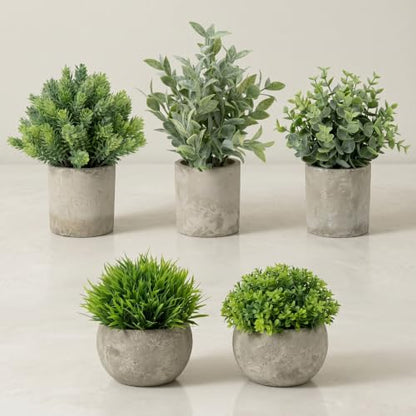 5 Pack Small Fake Plants with Cement Pots - Realistic Faux Greenery Set, No Watering Low Maintenance, UV Resistant Artificial Plants for Shelf Office Bathroom Desk Decor, Indoor & Outdoor