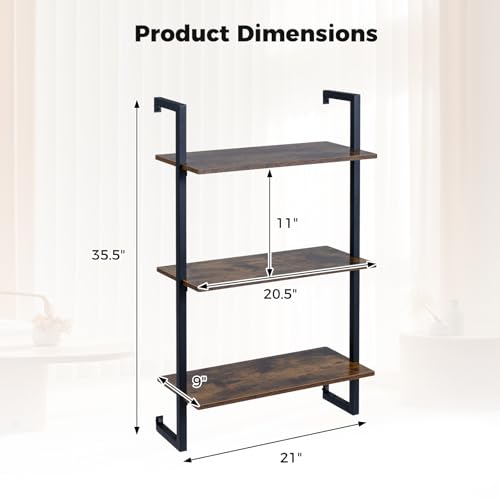 Giantex 3-Tier Wall-Mounted Bookshelf, Industrial Floating Storage Display Shelves with Metal Frame, Wood Open Ladder Bookcase for Living Room, Home Office, Kitchen, Rustic Brown + Black - color: Rustic Brown + Black