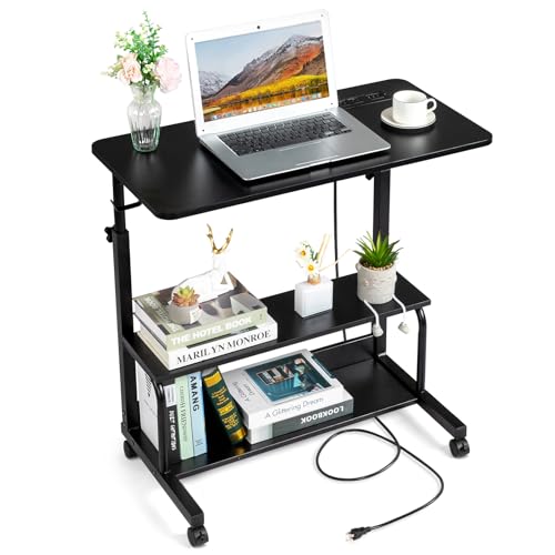 Karl home 31.5" Portable Rolling Desk on Wheels,Height Adjustable Standing Desk with 2 AC Outlets/3 USB Ports,Mobile Laptop Table with Hooks and Storage Shelves for Home Office，Black - color: Black, size: 31.5"+Power Sockets