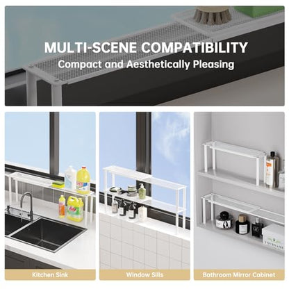 Expandable Window Shelf for Plants Kitchen Sink Organizer Stackable Narrow Shelves Kitchen Countertop Holder Mesh Design (2, White)