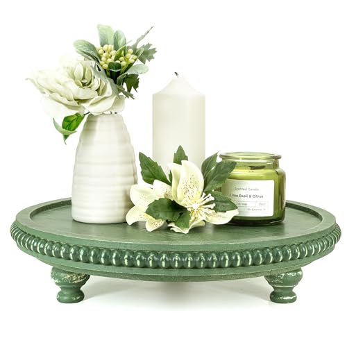 EOSAHR Beaded Round Display Riser for Farmhouse Home Decor, Green | Pine Wood, 11.2" Wood Riser, Plant Stand & Sink Sponge Holder, Rustic Kitchen Counter Organizer, Green Bathroom Decor - color: Green