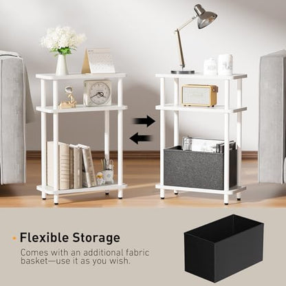 THUMEYE Narrow Side Table with Fabric Basket, 7" Wide, 3 Tier Skinny End Table with Wood Legs, Slim Nightstand/Bedside Table for Small Spaces, with Adjustable Feet, 15.7" L x 23" H, White - color: White
