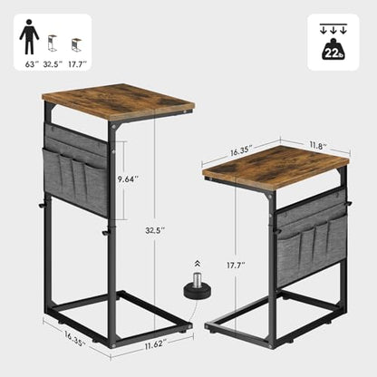 Vagusicc C Shaped End Table, Small Side Table for Couch, Adjustable Height Sofa Table with Metal Frame for Living Room, 33'' Tall Side Table for Couch, Bedroom, Bedside, Rustic Brown and Black - color: Rustic Brown