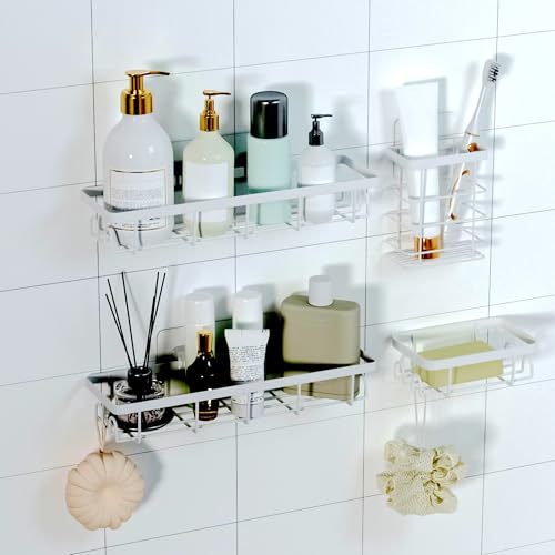 Shower Caddy Organizer with Hooks,Self Adhesive Bathroom Shelves,No Drilling Bathroom Organizers and Storage,Perfect for RV, Apartment, Home Decor,White 4PCS - color: White, size: 4 Pack