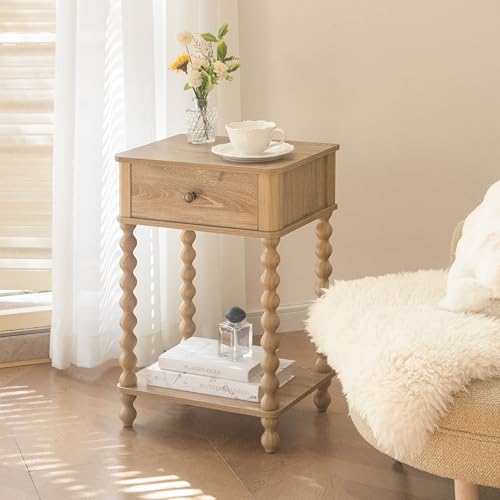 AWASEN Night Stand, Wood End Table with Drawer for Living Room, Small Bedside Side Table with Spindle Wood Legs for Bedroom, Office, Rustic Walnut - color: Rustic Walnut