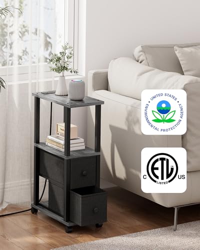 TUTOTAK Small Narrow End Tables, Side Tables with 2 Fabric Drawers, Set of 2, Bedside Tables with Charging Station for Small Spaces, Slim Nightstands with USB Ports and Wheels, TB01BY053 - color: Charcoal Grey, style: with Outlets