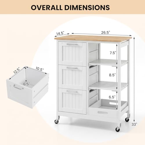 Giantex Kitchen Island Cart on Wheels with Storage, Bar Serving Cart with 3 Deep Drawers, Open Shelves & Removable Tray, Rolling Kitchen Trolley Cart for Home Kitchen, Dining Room, Bar, White - color: White