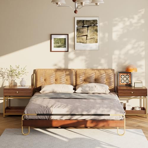 Night Stand Farmhouse Nightstand with Gold Metal Frame, Bedside Table with Drawer and Open Shelf, Sofa Side Table End Table for Bedroom, Living Room,Dark Walnut, 1 Pack - color: Dark Brown 22"