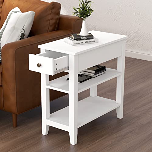 ChooChoo Side Table Living Room, Narrow End Table with Drawer and Shelf, 3-Tier Sofa End Table for Small Space, White - color: White