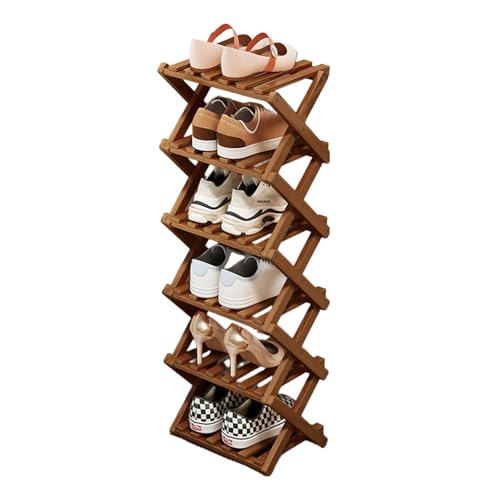 Comeon Bamboo Shoe Rack, Foldable Vertical Shoe Rack for Front Door Entrance Narrow Shoe Organizer Small Shoe Shelf for Entryway Shoe Storage Closet Multi-Tier (Brown Colors,6 Layers) - size: 6 Layers
