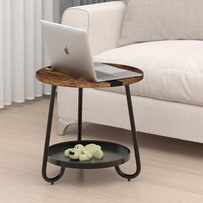 2 Tier Coffee Table in Living Room, Industrial Style Round Coffee Table with Metal Tray, Wood Small Outdoor Coffee Table for Bedroom Balcony Patio, Rustic Brown - color: Rustic Brown